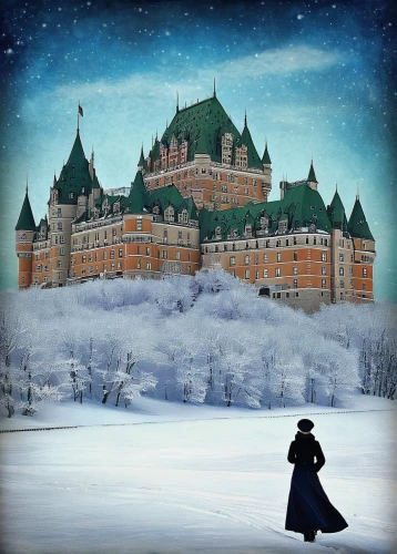 many glacier hotel,fairy tale castle,fairytale castle,the snow queen,grand hotel,banff springs hotel,fairmont chateau lake louise,quebec,castle of the corvin,crown palace,summit castle,frontenac,dragon palace hotel,downton abbey,castles,castle,ice castle,the kremlin,camelot,a fairy tale,Illustration,Realistic Fantasy,Realistic Fantasy 35