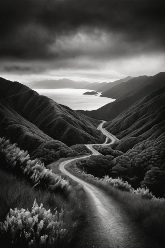 winding road,winding roads,landscape photography,tomales bay,scottish highlands,monochrome photography,the road to the sea,isle of skye,blackandwhitephotography,paparoa national park,isle of mull,south island,the road,road forgotten,new zealand,the mystical path,black landscape,road to nowhere,hollow way,lake district,Illustration,Realistic Fantasy,Realistic Fantasy 34