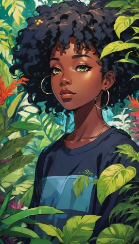 tropical greens,tropical bloom,girl in the garden,flora,girl in flowers,background ivy,overgrown,rosa ' amber cover,ixora,brook,tropics,girl picking flowers,bloom,digital painting,forest clover,tropical,coral bush,digital illustration,rowan,black rowan,Illustration,Japanese style,Japanese Style 03