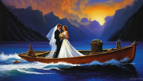 romantic scene,sailing ship,honeymoon,just married,fantasy picture,wedding couple,boat landscape,loving couple sunrise,caravel,sea sailing ship,longship,trireme,long-tail boat,sailing-boat,sail ship,viking ship,love in the mist,man and wife,newlyweds,seafaring,Illustration,Realistic Fantasy,Realistic Fantasy 32