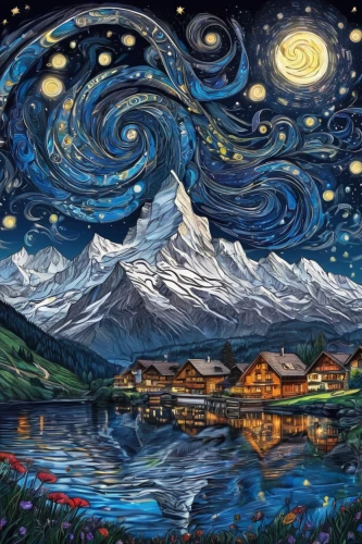 starry night,david bates,starry sky,vincent van gogh,vincent van gough,the night sky,indigenous painting,chalk drawing,world digital painting,fantasy art,background image,art painting,lake mcdonald,pachamama,night sky,landscape background,northen lights,motif,khokhloma painting,fantasy picture,Illustration,Black and White,Black and White 05