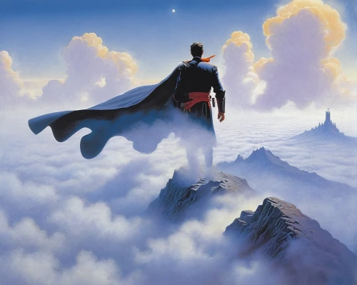 superman,super man,heroic fantasy,red cape,above the clouds,caped,superman logo,skycraper,fall from the clouds,god of thunder,sci fiction illustration,superhero background,super hero,cloud mountain,wonder,fantasy picture,cloud bank,the wanderer,celebration cape,vulcan,Conceptual Art,Daily,Daily 16