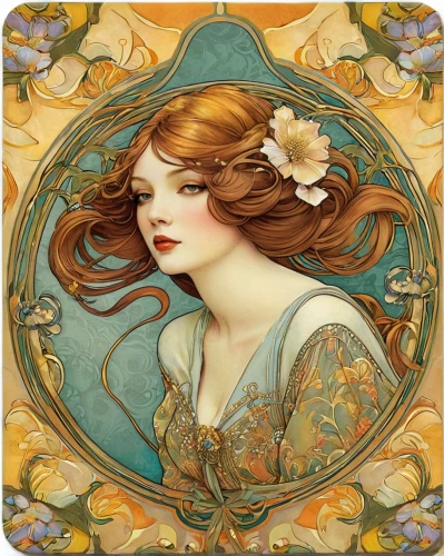 art nouveau,mucha,art nouveau design,art nouveau frame,art nouveau frames,orange blossom,flora,fantasy portrait,faery,vanessa (butterfly),golden wreath,kahila garland-lily,art deco woman,marigold,lilian gish - female,gold filigree,girl in a wreath,faerie,alfons mucha,mystical portrait of a girl,Illustration,Realistic Fantasy,Realistic Fantasy 05