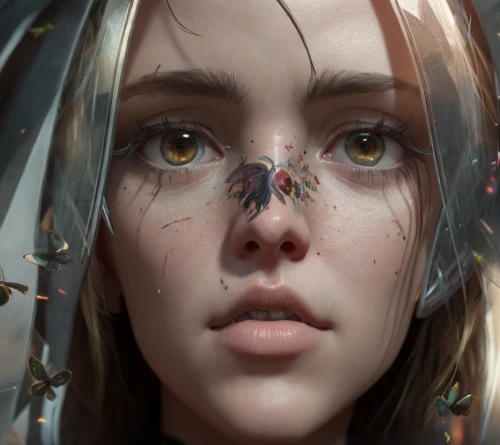 pupils,echo,angel's tears,cyborg,flora,veil,fantasy portrait,game art,cicada,eyes,vanessa (butterfly),pupil,game illustration,mystical portrait of a girl,thorns,women's eyes,gold eyes,digital painting,cg artwork,deer in tears,Common,Common,Game
