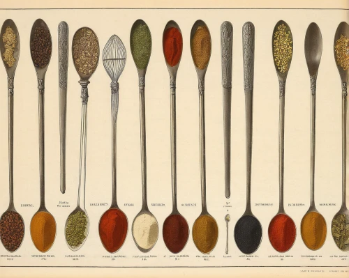 arrowheads,garden tools,cooking utensils,utensils,colored spices,kitchen tools,seeds,kitchen utensils,copper utensils,seed pods,baking tools,ornamental gourds,indian spices,ladles,spices,paint brushes,lampions,indian musical instruments,feather jewelry,spoons,Illustration,Retro,Retro 22