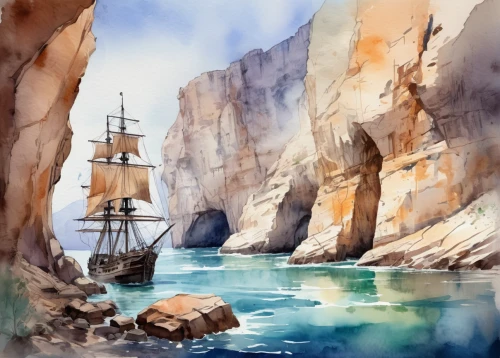 narrows,watercolor background,east indiaman,navagio,sea sailing ship,sea landscape,fjord,boat landscape,water color,caravel,sailing ships,sail ship,water colors,tall ship,watercolors,sea caves,watercolor,navajo bay,lysefjord,watercolour,Illustration,Paper based,Paper Based 25