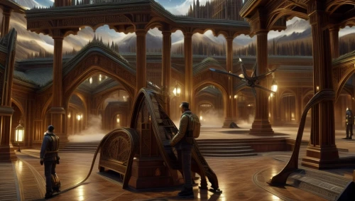 hall of the fallen,stalls,games of light,castle of the corvin,heroic fantasy,imperial shores,3d fantasy,the throne,celtic harp,fantasy picture,dandelion hall,cg artwork,staves,knight tent,the threshold of the house,ornate room,portcullis,sci fiction illustration,kadala,chamber