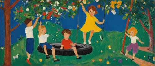 garden swing,happy children playing in the forest,girl with tree,girl in the garden,work in the garden,frutti di bosco,tree swing,woman sitting,swing set,child in park,khokhloma painting,girl picking apples,woman at the well,children's room,tree with swing,children's playground,wooden swing,orange tree,children's interior,play yard,Art,Artistic Painting,Artistic Painting 38