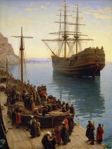 full-rigged ship,portuguese galley,boats in the port,regatta,seaport,andreas achenbach,trireme,barque,cape dutch,caravel,mayflower,commercial fishing,migrants,lev lagorio,water transportation,galleon,commerce,training ship,pilgrims,the arrival of the,Art,Classical Oil Painting,Classical Oil Painting 34
