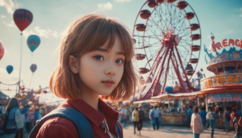 amusement park,little girl in wind,the little girl,carousel,little girl with balloons,fairground,anime 3d,studio ghibli,digital compositing,eleven,little girl,child in park,child girl,wonderland,dream world,violet evergarden,children's background,the japanese doll,flying girl,girl with speech bubble,Photography,General,Cinematic