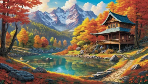 autumn mountains,fall landscape,autumn landscape,autumn background,house in mountains,autumn theme,house in the mountains,autumn camper,house with lake,mountain scene,autumn idyll,autumn scenery,the cabin in the mountains,landscape background,mountain settlement,fall foliage,mountain landscape,alpine village,home landscape,mountain village,Conceptual Art,Sci-Fi,Sci-Fi 11