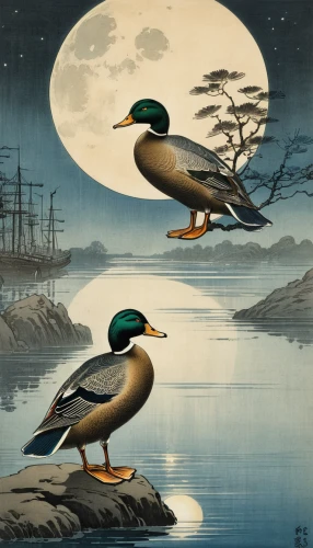 cool woodblock images,waterfowls,oriental painting,mallards,wild ducks,duck on the water,water birds,japanese art,waterfowl,water fowl,migratory birds,cape teal ducks,bird painting,chinese art,american black duck,hooded merganser,birds of the sea,moonlit night,ornamental duck,sea birds,Conceptual Art,Fantasy,Fantasy 25