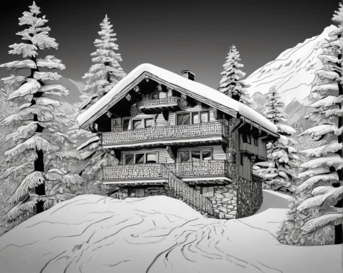 mountain hut,snow house,winter house,house in mountains,the cabin in the mountains,house in the mountains,alpine hut,chalet,log home,log cabin,mountain huts,avalanche protection,timber house,snow roof,snow cornice,snowhotel,ski resort,house in the forest,wooden house,ortler winter,Illustration,Black and White,Black and White 11