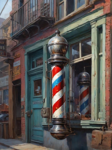 barber shop,barbershop,barber,the long-hair cutter,light post,cosmetic brush,light posts,flatiron,lamp post,barber chair,lamppost,gas lamp,lamplighter,shutters,hairdresser,street lamp,light cone,world digital painting,candy cane stripe,brownstone,Illustration,Realistic Fantasy,Realistic Fantasy 28