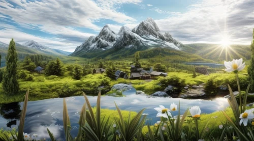 fantasy landscape,landscape background,mountain landscape,mountain scene,mountainous landscape,world digital painting,fantasy picture,mountain world,landscape mountains alps,castle mountain,beautiful landscape,salt meadow landscape,cartoon video game background,alpine region,mountain spring,background view nature,3d fantasy,nature landscape,alpine village,mountain settlement