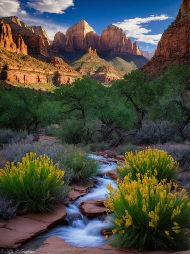 zion national park,fairyland canyon,red rock canyon,lilies of the valley,arizona,desert landscape,grand canyon,desert desert landscape,united states national park,arid landscape,nature landscape,big bend,beautiful landscape,flowerful desert,natural landscape,mountain spring,zion,landscapes beautiful,mountain landscape,river landscape,Illustration,Realistic Fantasy,Realistic Fantasy 32