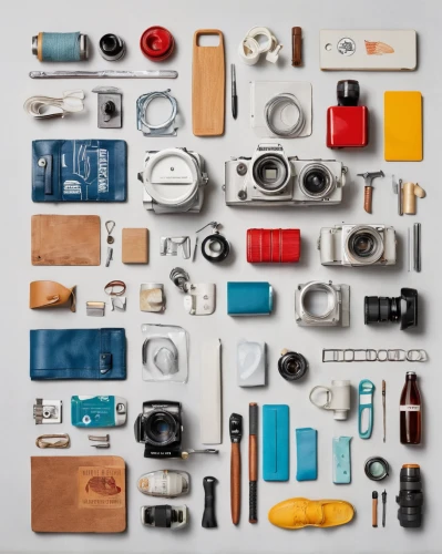 assemblage,objects,components,disassembled,toolbox,materials,sewing tools,flat lay,compartments,raw materials,tools,clutter,electronic component,photographic equipment,pencil sharpener waste,industrial design,climbing equipment,assortment,cylinders,photo equipment with full-size,Unique,Design,Knolling