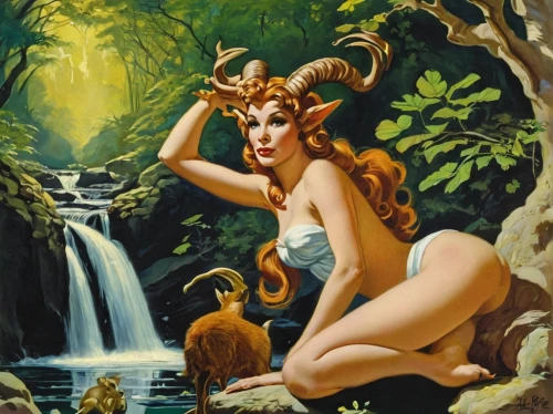 faun,dryad,water nymph,the enchantress,tarzan,rusalka,fantasy woman,faerie,fawns,cave girl,the blonde in the river,mythological,fae,mother nature,triton,garden of eden,fantasy picture,cybele,faery,maureen o'hara - female,Illustration,Retro,Retro 18