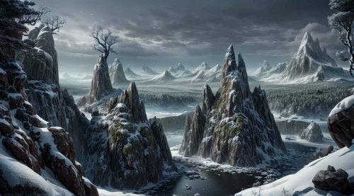 northrend,fantasy landscape,winter landscape,winter forest,ice landscape,elven forest,winter background,fantasy picture,ice castle,snow landscape,skyrim,snowy mountains,ice planet,snowy landscape,snow mountains,mountainous landscape,coniferous forest,christmas landscape,hoarfrost,fantasy art