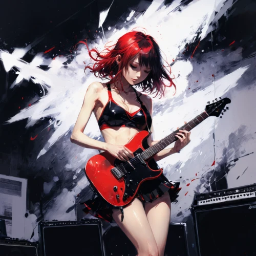 painted guitar,electric guitar,lead guitarist,rocker,rock music,rock band,playing the guitar,concert guitar,guitarist,guitar,bass guitar,guitor,lady rocks,music fantasy,rock,guitar player,chainsaw,maki,epiphone,red-haired,Illustration,Paper based,Paper Based 20