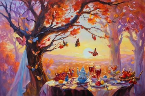 autumn background,autumn landscape,autumn idyll,autumn taste,autumn theme,autumn forest,the autumn,thanksgiving background,fantasy picture,fall landscape,autumn scenery,autumn still life,autumn decoration,breakfast table,autumn day,gnomes at table,thanksgiving table,fairy forest,one autumn afternoon,autumn leaves,Illustration,Realistic Fantasy,Realistic Fantasy 37