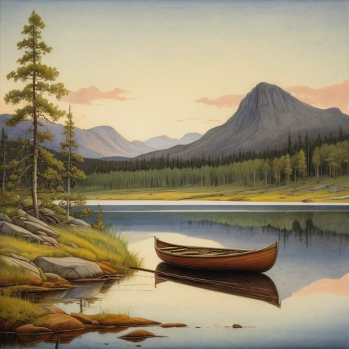 boat landscape,salt meadow landscape,canoes,vermilion lakes,dugout canoe,mountain scene,yukon territory,swiftcurrent lake,high mountain lake,mountain lake,rowboats,landscape background,river landscape,mountainlake,canoe,two jack lake,canoeing,medicine lake,trillium lake,lake mcdonald,Illustration,Retro,Retro 19