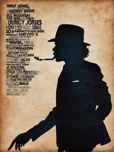 cd cover,high-wire artist,hatter,sherlock holmes,al capone,holmes,michael jackson,top hat,smooth criminal,michael joseph jackson,poetry album,lyrics,blues harp,tightrope walker,cowboy silhouettes,guy fawkes,hip hop music,pied piper,the phonograph,hang em high,Illustration,Black and White,Black and White 31