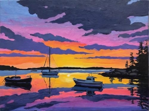 kennebunkport,maine,tofino,painting technique,coast sunset,oil on canvas,boat landscape,bar harbor,nubble,evening lake,oil painting,aurajoki,oil painting on canvas,dusk,incredible sunset over the lake,yellowknife,acrylic paint,sunset glow,boats,acrylic,Art,Classical Oil Painting,Classical Oil Painting 23