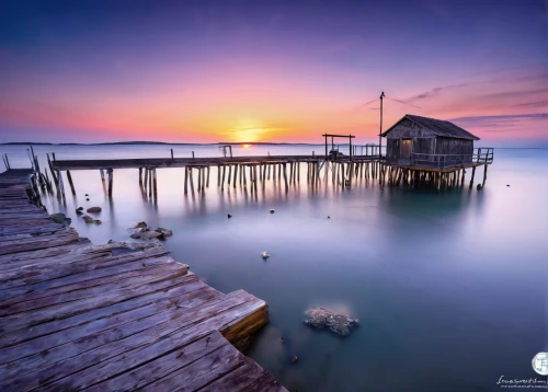 wooden pier,old jetty,jetty,landscape photography,old pier,fishing pier,old wooden boat at sunrise,stilt house,fisherman's house,floating huts,stilt houses,fisherman's hut,house by the water,dock,fishing village,burned pier,lake balaton,tranquility,atmosphere sunrise sunrise,calm waters,Conceptual Art,Daily,Daily 35