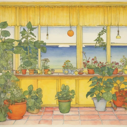 windowsill,greenhouse,window sill,conservatory,veranda,balcony garden,bedroom window,bay window,yellow garden,greenhouse cover,house plants,nursery,indoor,carol colman,balcony,window view,houseplant,flower shop,sicily window,window with sea view,Illustration,Realistic Fantasy,Realistic Fantasy 31