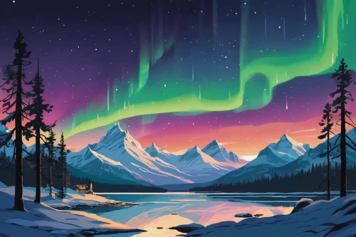 aurora borealis,northen lights,norther lights,northern lights,the northern lights,auroras,northern light,alaska,aurora,aurora colors,nothern lights,polar aurora,green aurora,aurora polar,boreal,polar lights,northernlight,borealis,northen light,southern aurora,Illustration,Japanese style,Japanese Style 06