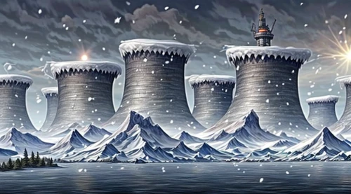 cartoon video game background,power towers,ice castle,peter-pavel's fortress,north pole,winter background,cooling towers,russian winter,kings landing,siberia,nordic christmas,fantasy city,chucas towers,background image,snow scene,northrend,christmas landscape,chimneys,christmasbackground,fantasy picture