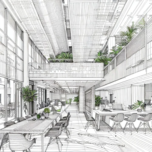 school design,food court,cafeteria,daylighting,modern office,archidaily,winter garden,shenzhen vocational college,3d rendering,offices,indoor,potted plants,hotel lobby,working space,multistoreyed,sky space concept,kirrarchitecture,urban design,renovation,indoors,Design Sketch,Design Sketch,None