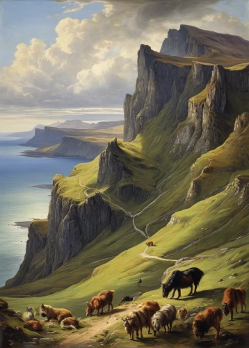 isle of skye,orkney island,faroe islands,mountain cows,isle of mull,shetlands,east-european shepherd,mountain pasture,donegal,scottish highlands,eastern iceland,highlands,nordland,landseer,coastal landscape,baffin island,mull,rural landscape,exmoor,oxen,Art,Classical Oil Painting,Classical Oil Painting 37