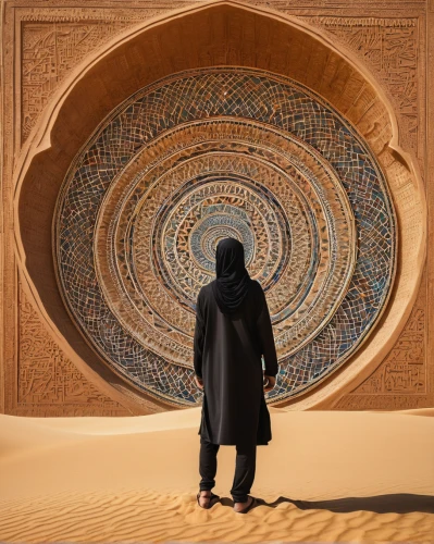 sand clock,middle eastern monk,arabic background,islamic pattern,viewing dune,sand art,rem in arabian nights,orientalism,bedouin,king abdullah i mosque,sahara,islamic architectural,dune,admer dune,flying carpet,stargate,sand pattern,sand paths,sand timer,libyan desert,Illustration,Abstract Fantasy,Abstract Fantasy 21