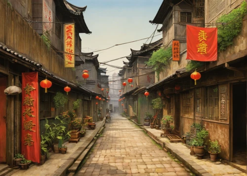 narrow street,chinese architecture,world digital painting,chinese background,china town,chinese art,oriental painting,chinatown,chinese lanterns,hanging temple,asian architecture,kowloon,spring festival,chinese temple,chinese style,xi'an,suzhou,oriental,bukchon,lanterns,Illustration,Realistic Fantasy,Realistic Fantasy 31
