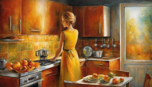 girl in the kitchen,kitchen,oil painting on canvas,the kitchen,oil painting,girl with bread-and-butter,kitchen work,yellow orange,appliances,kitchenette,big kitchen,carol colman,kitchen interior,carol m highsmith,art painting,meticulous painting,golden apple,star kitchen,kitchen counter,cookery,Conceptual Art,Daily,Daily 32