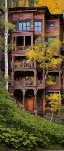 house in mountains,house in the mountains,house with lake,log home,vail,the cabin in the mountains,chalet,house in the forest,apartment building,wooden house,tree house hotel,eco hotel,apartment complex,aspen,wooden houses,balconies,log cabin,hillside,foliage coloring,wooden facade,Illustration,Realistic Fantasy,Realistic Fantasy 11