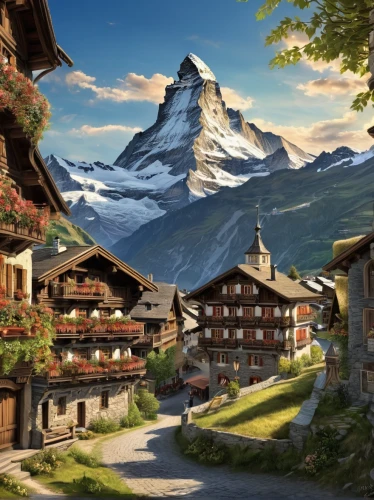 alpine village,zermatt,mountain village,grindelwald,mountain settlement,eiger,alpine region,canton of glarus,the alps,bernese alps,eiger mountain,high alps,swiss alps,lauterbrunnen,matterhorn,switzerland chf,eastern switzerland,switzerland,stockhorn,alps,Conceptual Art,Fantasy,Fantasy 27