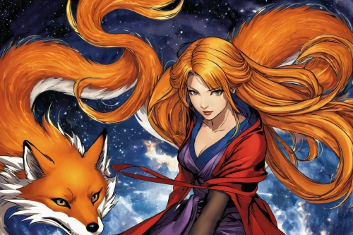 nine-tailed,kitsune,firefox,flame spirit,garden-fox tail,red fox,rosa ' amber cover,redfox,howl,fox,asuka langley soryu,fire poker flower,vicuña,foxes,firestar,a fox,inari,red lantern,phoenix,orange robes,Illustration,American Style,American Style 04