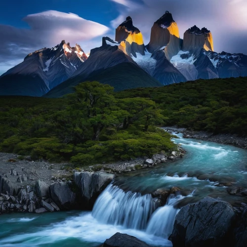 torres del paine national park,torres del paine,patagonia,new zealand,south island,chile,north of chile,andes,marvel of peru,milford sound,argentina,hare of patagonia,landscape photography,landscapes beautiful,kirkjufell river,fantasy landscape,flowing water,glacial landform,newzealand nzd,mountain stream,Illustration,American Style,American Style 08