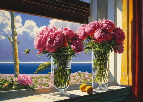 sea carnations,pink carnations,flower painting,spring carnations,peonies,windowsill,window with sea view,peony frame,carnations,window sill,carol colman,still life of spring,carol m highsmith,splendor of flowers,pink dahlias,camellias,spring morning,rhododendrons,red carnations,window treatment,Conceptual Art,Sci-Fi,Sci-Fi 08