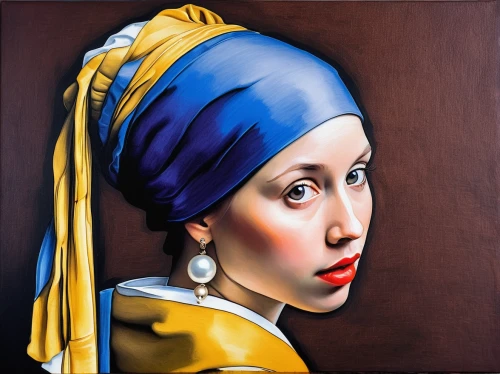 girl with a pearl earring,headscarf,turban,orientalism,oil painting on canvas,oil painting,art painting,girl-in-pop-art,cool pop art,woman portrait,muslim woman,majorelle blue,modern pop art,portrait of a woman,pop art woman,pop art style,oil on canvas,portrait of a girl,woman thinking,italian painter,Illustration,Paper based,Paper Based 07