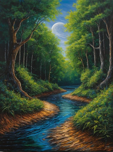 forest landscape,oil painting on canvas,riparian forest,brook landscape,river landscape,flowing creek,forest background,oil on canvas,oil painting,forest glade,nature landscape,forest road,forest path,landscape background,watercourse,green forest,forest of dreams,natural landscape,mountain stream,streams,Illustration,Realistic Fantasy,Realistic Fantasy 33