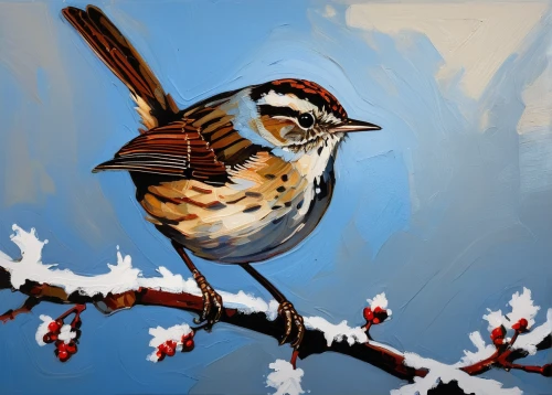 bird painting,chipping sparrow,chestnut sided warbler,swamp sparrow,american tree sparrow,brambling,sparrow bird,song sparrow,sparrows,savannah sparrow,bird on branch,spring bird,white throated sparrow,blackburnian warbler,sparrow,chickadee,painted lady,carolina wren,common firecrest,song bird,Conceptual Art,Oil color,Oil Color 08
