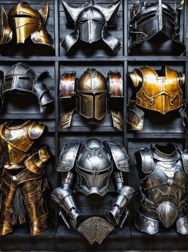 knight armor,helmets,armour,armor,wall,knights,shields,bronze wall,gold wall,heavy armour,metal cabinet,hall of the fallen,king wall,the shelf,medieval,wall decoration,stalls,protectors,sports wall,shield infantry,Illustration,Realistic Fantasy,Realistic Fantasy 25