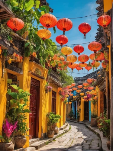 chinese lanterns,hoi an,hoian,vietnam,chinese architecture,colorful city,china town,lanterns,hanoi,vietnam's,china,hanging temple,splendid colors,chinese lantern,xiamen,hanging lantern,asian architecture,chinese clouds,oriental,vibrant color,Illustration,Abstract Fantasy,Abstract Fantasy 13
