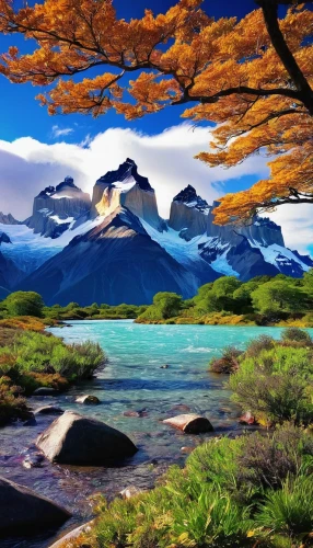 torres del paine,landscape background,patagonia,torres del paine national park,mountain landscape,autumn mountains,mountain scene,mountainous landscape,fantasy landscape,nature landscape,world digital painting,mountain tundra,japanese alps,beautiful landscape,japanese mountains,background view nature,japan landscape,mountain range,mount scenery,landscape nature,Illustration,Retro,Retro 02