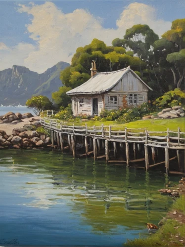 house by the water,fisherman's house,house with lake,summer cottage,coastal landscape,fisherman's hut,boathouse,boat shed,boat house,cottage,home landscape,tasmania,nz,new zealand,fishing village,rippon,south island,holiday home,bay of islands,floating huts,Illustration,Retro,Retro 18