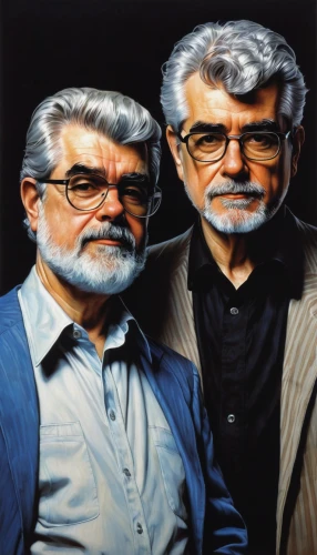 george lucas,oil painting on canvas,custom portrait,mirroring,three dimensional,oil on canvas,italian painter,mirror image,oil painting,sculptor ed elliott,clones,wooden figures,pensioners,clone jesionolistny,photoshop creativity,3d albhabet,three-dimensional,photoshop,geppetto,artists,Illustration,Realistic Fantasy,Realistic Fantasy 06